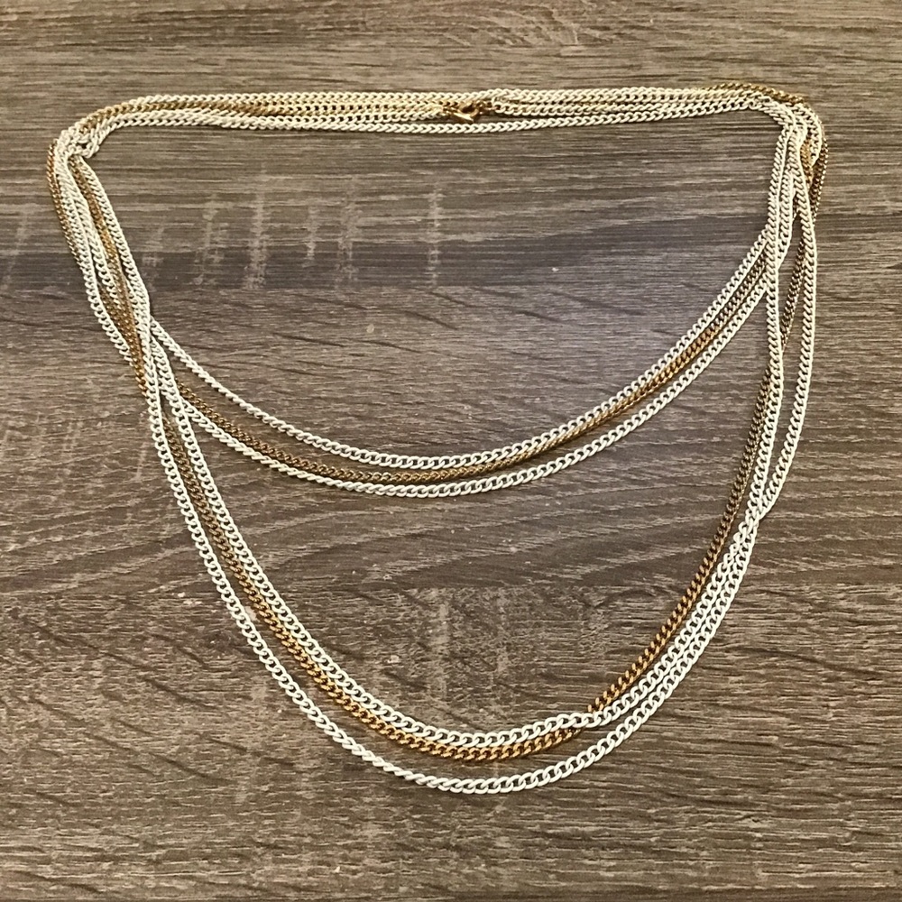Vintage Monet Gold Tone & White Enamel 3 Row Chain Necklace 54" Long
